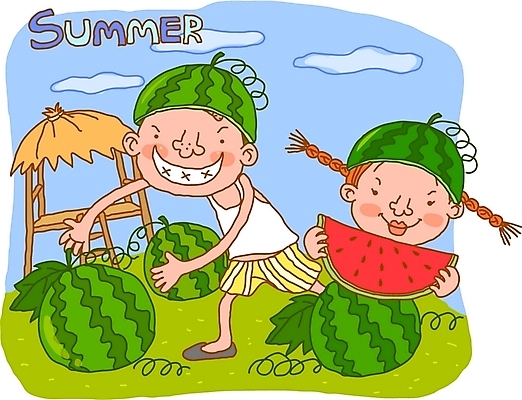 EPS 사계절 계절 여자 남자 어린이라이프 어린이 일러스트 자연 수박 사람 소녀 소년 야외 두명 여름 과수원 순수 서리 대서 원두막 어린이만 국내일러스트 라이프스타일 컨셉 농업 과일 절기 생태계 파일형식 벡터