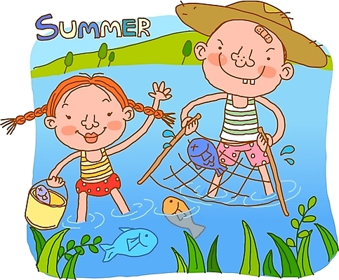 EPS 사계절 계절 여자 남자 어린이라이프 어린이 일러스트 자연 어류 사람 소녀 소년 야외 두명 여름 강 그물 개울 순수 고기잡이 대서 어린이만 국내일러스트 라이프스타일 컨셉 어업 수중동물 절기 생태계 파일형식 벡터