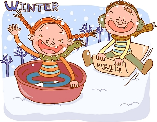 EPS 사계절 계절 여자 남자 어린이라이프 어린이 겨울 일러스트 자연 놀이 사람 소녀 소년 야외 두명 눈 순수 썰매 포대 고무대야 비료포대 어린이만 국내일러스트 자연요소 라이프스타일 컨셉 날씨 생태계 대야 파일형식 벡터