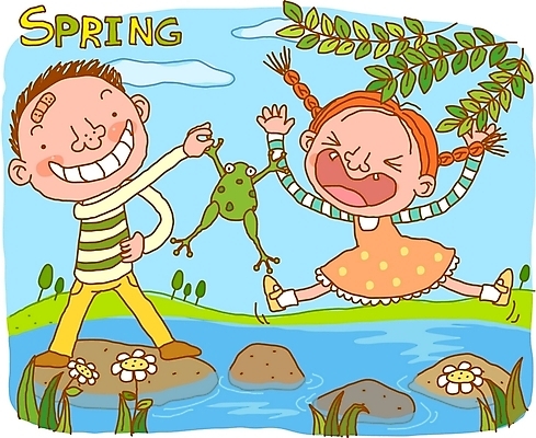 EPS 주간 사계절 계절 여자 남자 어린이라이프 어린이 일러스트 장난 자연 개구리 사람 소녀 소년 야외 두명 강 계곡 봄 개울 순수 청개구리 어린이만 국내일러스트 자연요소 라이프스타일 컨셉 양서류 생태계 파일형식 벡터