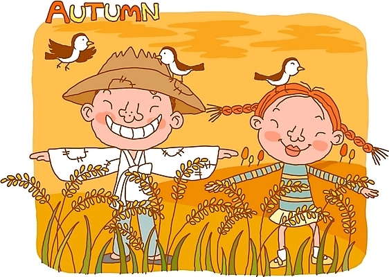 EPS 사계절 계절 여자 남자 어린이라이프 어린이 일러스트 자연 곡류 논 사람 소녀 소년 야외 두명 벼 가을 농촌 시골 순수 허수아비 참새 어린이만 국내일러스트 라이프스타일 컨셉 농업 조류 생태계 파일형식 벡터