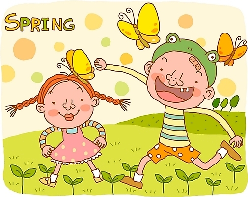 EPS 사계절 계절 여자 남자 어린이라이프 어린이 나비 일러스트 자연 사람 소녀 소년 초원 야외 두명 새싹 봄 순수 어린이만 국내일러스트 식물 라이프스타일 곤충 컨셉 생태계 파일형식 벡터