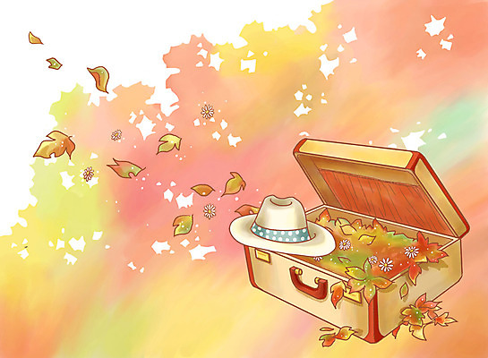 PSD 모자 잡화 사계절 계절 여행 백그라운드 단풍 낙엽 가방 일러스트 자연 페인터 풍경 사람없음 캐리어 여행가방 가을 가을배경 국내일러스트 잎 페인팅 생태계 파일형식 가을_계절