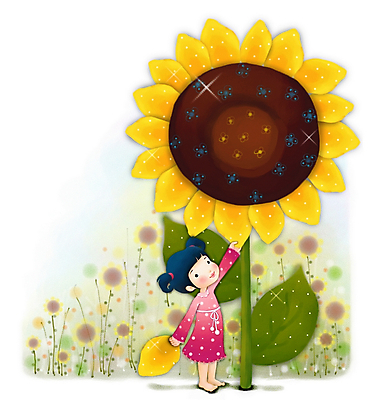 PSD 식물 캐릭터 여자 꽃 감정 초등학생 어린이 일러스트 상상 페인터 해바라기 한명 사람 소녀 야외 판타지 순수 여자만 여자한명만 어린이만 소녀만 소녀한명만 일러캐릭터 1 학생 컨셉 페인팅 파일형식