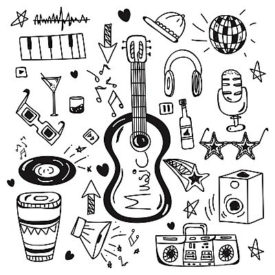 EPS 해외이미지 별 악기 술잔 음표 라인일러스트 일러스트 술병 사람없음 세트 선글라스 헤드폰 스피커 기타 음반 낙서 라디오 미러볼 해외202004 해외일러스트 자연요소 기호 안경 음악 음향기기 현악기 병_용기 잔 주류 장식 전자제품 파일형식 벡터