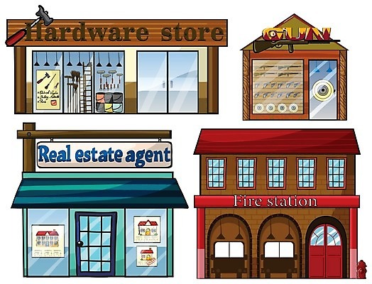EPS 해외이미지 일러스트 부동산 주택 사람없음 건물 세트 상점 총 공구 과녁판 쇼윈도 전단 소방서 철물점 해외일러스트 건축물 무기 전시 도구 재산 소방 홍보물 파일형식 벡터