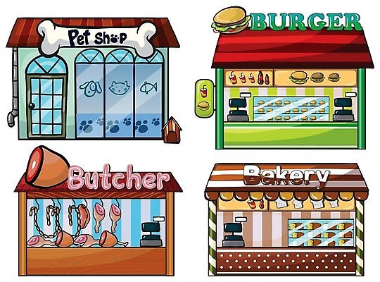 EPS 해외이미지 일러스트 간판 육류 사람없음 건물 세트 상점 전시 빵집 햄버거 개뼈다귀 애완동물가게 정육점 포스기 햄버거가게 해외일러스트 건축물 식재료 패스트푸드 식당 기계 애견간식 파일형식 벡터