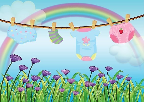EPS 해외이미지 꽃 무지개 일러스트 매달리기 풍경 사람없음 정원 빨랫줄 유아복 해외202004 해외일러스트 자연요소 식물 옷 줄 모션 아기용품 파일형식 벡터