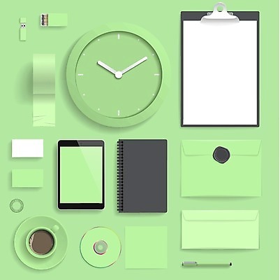 EPS 해외이미지 템플릿 디자인 종이 시계 일러스트 비즈니스 명함 문구용품 봉투 컵 초록색 세트 알약 펜 공백 성냥 신분 우표 서류판 목업 스타일 브랜딩 해외202004 해외일러스트 식기 컬러 필기구 약 사무용품 오브젝트 파일형식 벡터