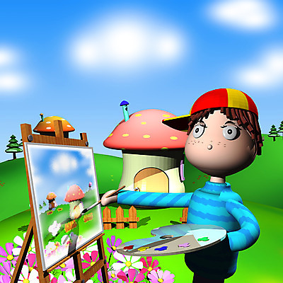 JPG 주간 캐릭터 남자 어린이 일러스트 하늘 미술 사람 풍경 야외 컴퓨터그래픽 3D 물감 붓 그리기 팔레트 언덕 그림 화가 동화나라 애니메이션 버섯집 남자만 어린이만 소년만 일러캐릭터 자연요소 직업 모션 동화 문화예술 주택 그래픽 미술도구 디지털합성 파일형식