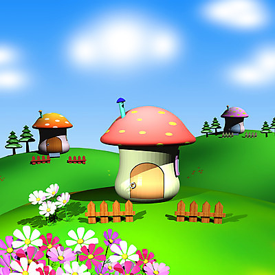 JPG 주간 나무 식물 구름 꽃 백그라운드 일러스트 상상 하늘 주택 굴뚝 풍경 사람없음 야외 컴퓨터그래픽 울타리 3D 꿈 언덕 동화나라 동산 애니메이션 버섯집 국내일러스트 자연요소 동화 건물 그래픽 담장 디지털합성 파일형식