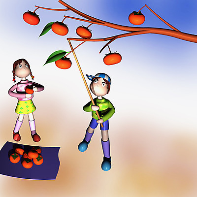 JPG 주간 캐릭터 여자 남자 어린이 일러스트 감 사람 야외 두명 컴퓨터그래픽 3D 감나무 동화나라 애니메이션 어린이만 일러캐릭터 자연요소 나무 과일 동화 그래픽 디지털합성 파일형식