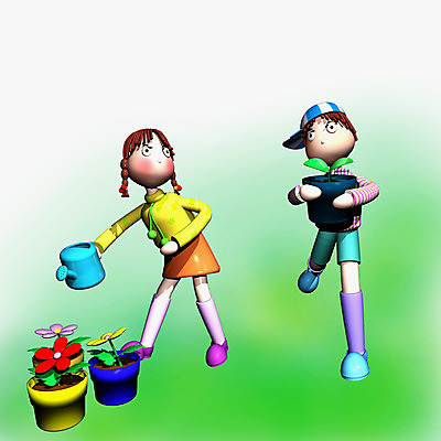 JPG 식물 캐릭터 여자 남자 꽃 화분 어린이 일러스트 사람 소녀 소년 두명 컴퓨터그래픽 장미 3D 물뿌리개 동화나라 애니메이션 어린이만 일러캐릭터 동화 그래픽 디지털합성 파일형식