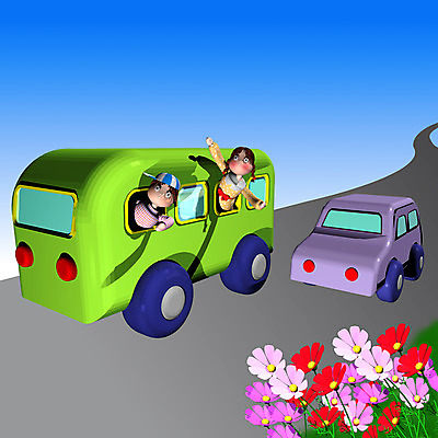 JPG 주간 식물 캐릭터 여자 남자 꽃 도로 길 어린이 여행 일러스트 교통시설 자동차 버스 사람 야외 두명 컴퓨터그래픽 장미 3D 동화나라 애니메이션 어린이만 일러캐릭터 자연요소 육상교통 교통 동화 대중교통 그래픽 디지털합성 시설 파일형식