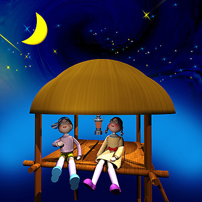 JPG 캐릭터 여자 남자 별 어린이 일러스트 밤하늘 사람 소녀 소년 야외 두명 컴퓨터그래픽 3D 달 유성 오두막 동화나라 애니메이션 어린이만 일러캐릭터 자연요소 하늘 동화 그래픽 야간 디지털합성 파일형식