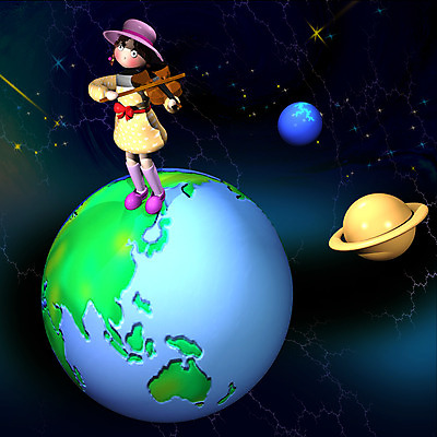 JPG 여자 지구 연주 일러스트 상상 현악기 컴퓨터그래픽 3D 우주 행성 바이올린 동화나라 애니메이션 여자만 가상인물 국내일러스트 악기 음악 동화 사람 그래픽 디지털합성 파일형식