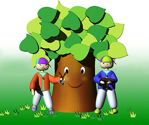 JPG 나무 식물 캐릭터 남자 어린이 일러스트 놀이 사람 소녀 소년 두명 컴퓨터그래픽 3D 놀이용품 동화나라 애니메이션 새총 어린이만 일러캐릭터 여자 동화 그래픽 디지털합성 오브젝트 파일형식