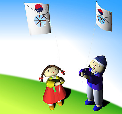 JPG 주간 캐릭터 여자 남자 어린이 일러스트 사람 소녀 소년 야외 두명 컴퓨터그래픽 3D 전통놀이 한복 연 연날리기 동화나라 애니메이션 연놀이 어린이만 일러캐릭터 자연요소 한국전통 전통 놀이 동화 그래픽 놀이용품 전통의상 디지털합성 파일형식