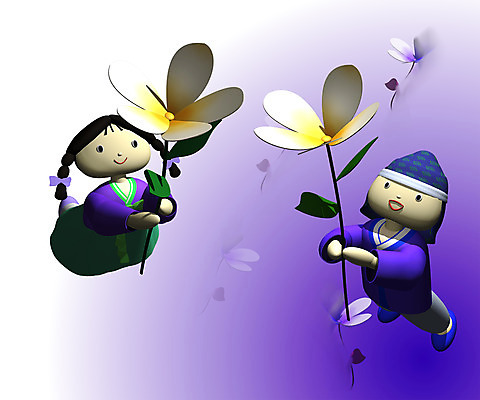 JPG 식물 캐릭터 여자 남자 꽃잎 꽃 어린이 여행 일러스트 사람 소녀 소년 두명 컴퓨터그래픽 장미 3D 꿈 동화나라 애니메이션 어린이만 일러캐릭터 동화 그래픽 디지털합성 파일형식