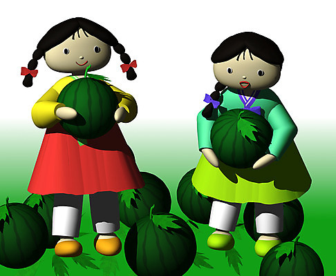 JPG 캐릭터 여자 어린이 과일 일러스트 수박 사람 컴퓨터그래픽 3D 서리 동화나라 애니메이션 수박서리 여자만 어린이만 소녀만 일러캐릭터 동화 그래픽 디지털합성 파일형식