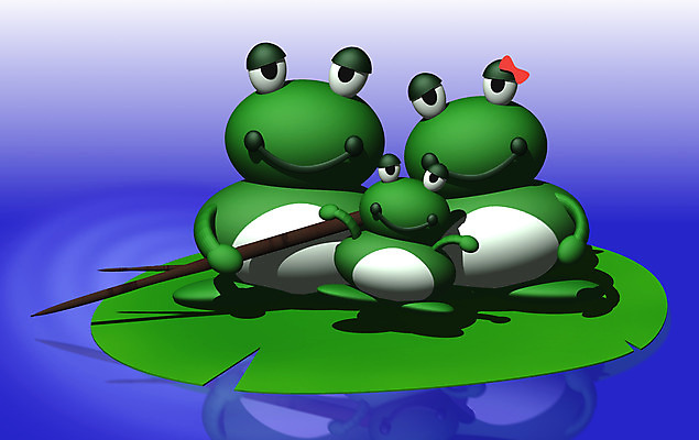 JPG 동물 척추동물 캐릭터 동물캐릭터 잎 일러스트 가족 세마리 양서류 사람없음 컴퓨터그래픽 3D 연못 동화나라 애니메이션 개구리캐릭터 일러캐릭터 식물 관계 동화 3 개구리 그래픽 디지털합성 파일형식