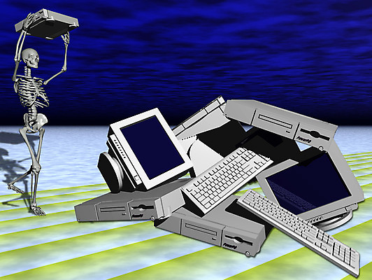 JPG 일러스트 뼈 해골 사람없음 컴퓨터그래픽 전자제품 컴퓨터 3D 모니터 키보드 던지기 장기 버리기 근골격기관 휴먼 본체 국내일러스트 신체 모션 그래픽 장기_의학 디지털합성 파일형식