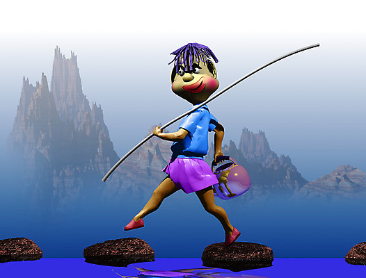 JPG 주간 캐릭터 남자 일러스트 주전자 산 한명 사람 야외 컴퓨터그래픽 강 3D 도전 막대기 돌다리 작대기 남자만 남자한명만 일러캐릭터 자연요소 1 주방용품 그래픽 돌 다리 디지털합성 가교 파일형식