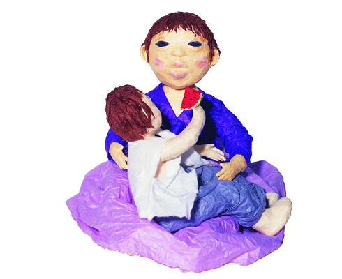 포토 JPG 한국문화 한국전통 여자 남자 어린이 인형 과일 수박 사람 소년 두명 전통의상 한복 수공예 닥종이인형 어린이만 국내포토 동양문화 전통 한국 공예 파일형식