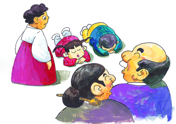 JPG 여자 명절 남자 어린이 일러스트 가족 새해 웃음 사람 여러명 설날 절 한복 그림 세배 일반 어린이만 국내일러스트 한국전통 전통 기념일 다수 관계 표정 인사 절_인사 전통의상 파일형식