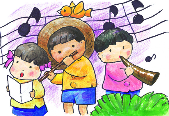 JPG 동물 여자 어린이교육 교육 남자 어린이 악기 음악 연주 음표 일러스트 노래 교과목 조류 사람 소녀 소년 세명 그림 음악교육 일반 어린이만 국내일러스트 기호 문화예술 파일형식