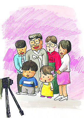 JPG 여자 명절 남자 어린이 일러스트 가족 한국 사람 여러명 설날 카메라 촬영 가족사진 그림 일반 기념사진 사진관 어린이만 국내일러스트 전통 기념일 아시아 다수 관계 전자제품 파일형식 단체사진