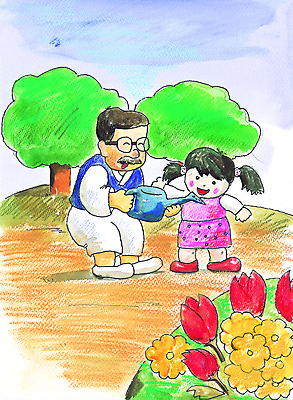 JPG 주간 나무 식물 여자 남자 화초 꽃밭 일러스트 가족 대가족 사람 야외 두명 물뿌리개 그림 일반 국내일러스트 자연요소 꽃 관계 파일형식