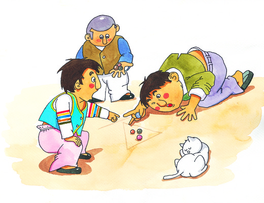 JPG 주간 동물 전통 남자 어린이 일러스트 놀이 사람 소년 야외 세명 전통놀이 고양이 그림 일반 구슬치기 남자만 어린이만 소년만 국내일러스트 자연요소 포유류 반려동물 파일형식