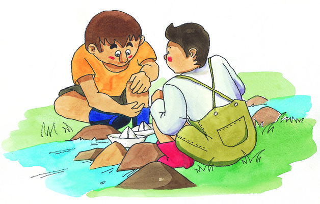 JPG 주간 남자 일러스트 놀이 사람 야외 두명 개울 그림 종이배 일반 남자만 국내일러스트 자연요소 강 종이접기 파일형식