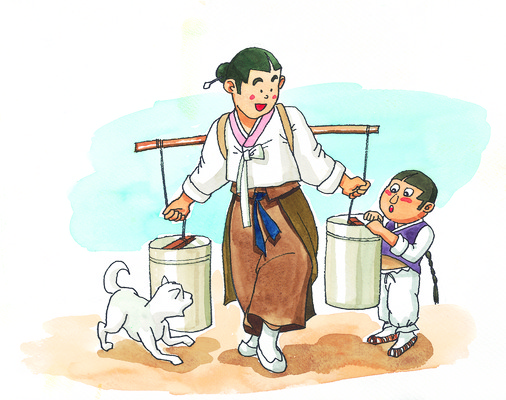 JPG 주간 동물 여자 남자 어린이 일러스트 사람 야외 두명 개 강아지 물통 그림 일반 물기르기 물지게 어린이만 국내일러스트 모자관계 자연요소 아들 포유류 가족 엄마 반려동물 파일형식