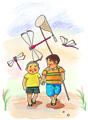 JPG 주간 동물 남자 어린이 곤충 일러스트 사람 소년 야외 두명 잠자리 수집 그림 곤충채집 일반 채집망 남자만 어린이만 소년만 국내일러스트 자연요소 파일형식