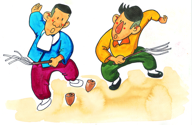 JPG 주간 한국문화 한국전통 전통 남자 문화 일러스트 사람 야외 두명 전통놀이 그림 팽이치기 일반 풍물 남자만 국내일러스트 자연요소 동양문화 놀이 한국 파일형식