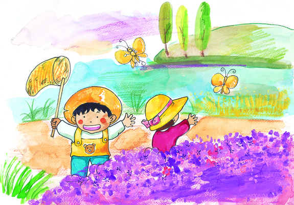 JPG 주간 나무 식물 사계절 계절 여자 남자 꽃 호수 어린이 나비 꽃밭 일러스트 자연 사람 소녀 소년 야외 두명 강 장미 봄 그림 곤충채집 일반 어린이만 국내일러스트 자연요소 곤충 수집 생태계 파일형식