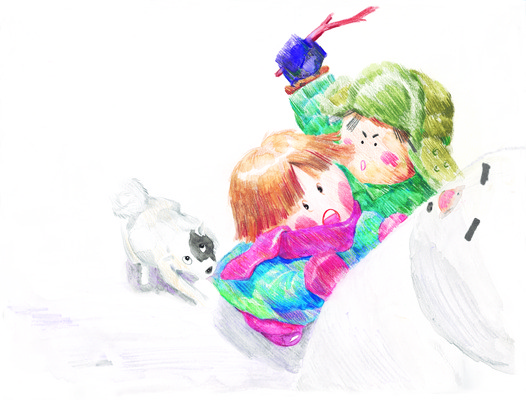 JPG 동물 여자 남자 어린이 겨울 일러스트 눈사람 사람 소녀 소년 두명 눈 개 강아지 그림 일반 어린이만 국내일러스트 자연요소 계절 포유류 날씨 반려동물 파일형식