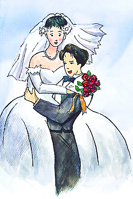 JPG 부부 여자 남자 신부 부케 웨딩드레스 신랑 결혼 일러스트 사람 두명 그림 일반 국내일러스트 커플 드레스 꽃다발 이벤트 파일형식