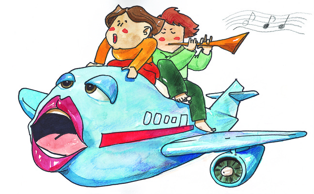 JPG 캐릭터 여자 남자 음악 여행 연주 일러스트 노래 휴가 비행기 사람 두명 비행 그림 피리 일반 일러캐릭터 항공교통 문화예술 대중교통 목관악기 파일형식