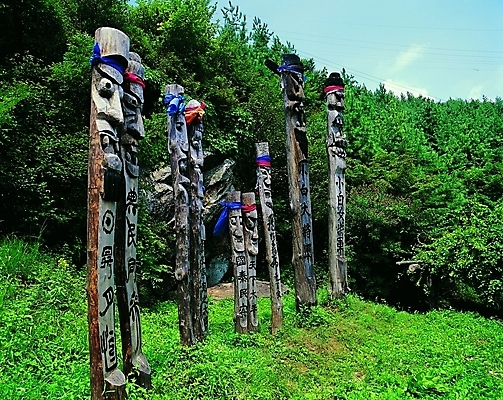 포토 JPG 주간 나무 식물 구름 문자 한국문화 한국전통 전통 기호 종교 전통문화 문화 얼굴 종교용품 하늘 표정 사람없음 야외 조형물 한자 여러개 기둥 숲속 숲 무서움 무속 무속신앙용품 나무기둥 장승 목장승 목각 민간신앙 국내포토 자연요소 동양문화 건축 감정 다수 한국 미술 신체부위 파일형식