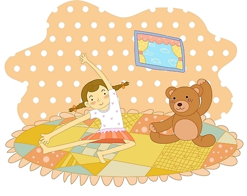 EPS 동물 라이프스타일 여자 일러스트 청소년 실내 한명 사람 10대 스트레칭 곰인형 생활체조 체조 여자만 여자한명만 십대만 십대여자만 십대여자한명만 국내일러스트 1 인형 내부 생활 운동 파일형식 벡터