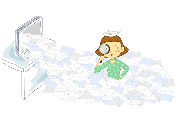 EPS 라이프스타일 여자 일러스트 청소년 돋보기 한명 사람 10대 컴퓨터 관찰 이메일 편지 우편물 스팸메일 여자만 여자한명만 십대만 십대여자만 십대여자한명만 국내일러스트 1 모션 생활 전자제품 파일형식 벡터