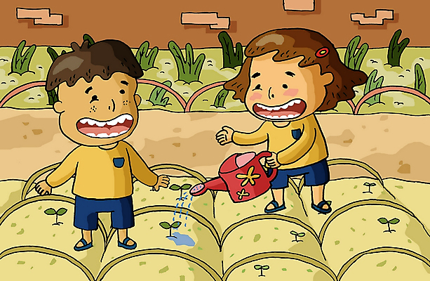 전신 PSD 식물 학생 여자 어린이교육 교육 남자 어린이 밭 일러스트 서기 사람 소녀 소년 야외 두명 친구 스쿨라이프 새싹 물뿌리개 물주기 텃밭 어린이만 국내일러스트 라이프스타일 농업 학교 관계 모션 파일형식