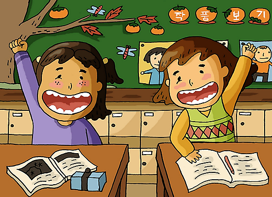 PSD 학생 여자 어린이교육 교육 남자 초등학생 어린이 일러스트 교실 학교 수업 실내 사람 앉기 소녀 상반신 두명 책 스쿨라이프 손들기 발표 책상 어린이만 국내일러스트 라이프스타일 가구 모션 내부 파일형식