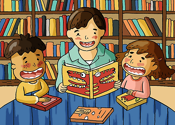 PSD 학생 여자 어린이교육 교육 남자 초등학생 어린이 일러스트 책장 실내 사람 상반신 책 세명 독서 스쿨라이프 교사 어린이만 국내일러스트 직업 라이프스타일 가구 학교 내부 파일형식