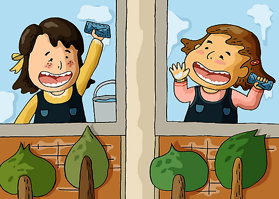 PSD 학생 여자 어린이교육 교육 초등학생 어린이 일러스트 창문 사람 소녀 상반신 두명 스쿨라이프 청소 걸레 당번 여자만 어린이만 소녀만 국내일러스트 라이프스타일 학교 청소도구 파일형식