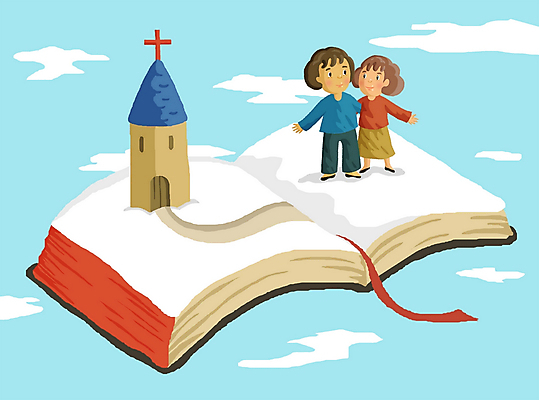 주간 전신 PSD 구름 여자 남자 기독교 종교 십자가 일러스트 하늘 서기 사람 야외 두명 교회 믿음 성경 기독교인 구출 국내일러스트 자연요소 감정 종교용품 종교건축 모션 건물 도움 파일형식