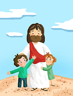 주간 전신 PSD 여자 남자 기독교 종교 어린이 일러스트 서기 사람 소녀 소년 야외 세명 예수 기독교인 국내일러스트 자연요소 모션 신_종교 파일형식